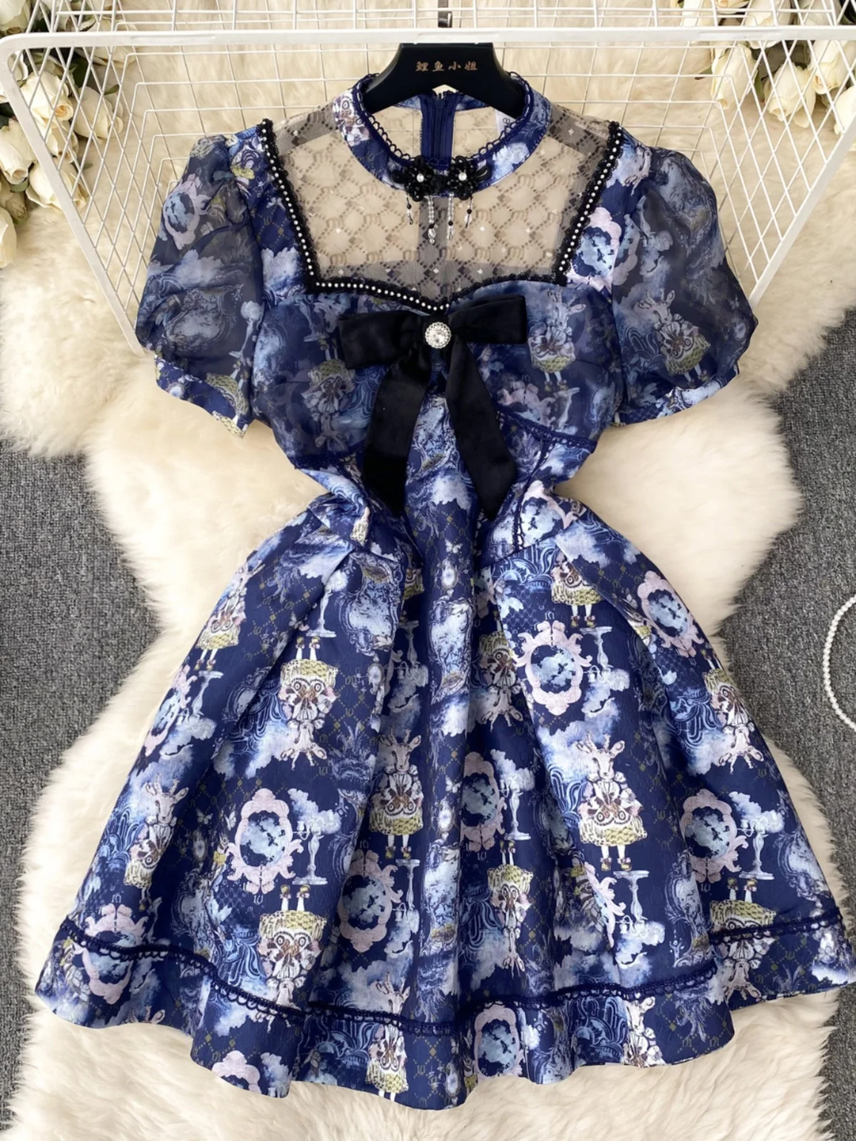 Floral Print Me Splice Bubble Sve Stand Collar ort Dr Women's Waist Cinching Slimming A-Line Princ Skirt Dr