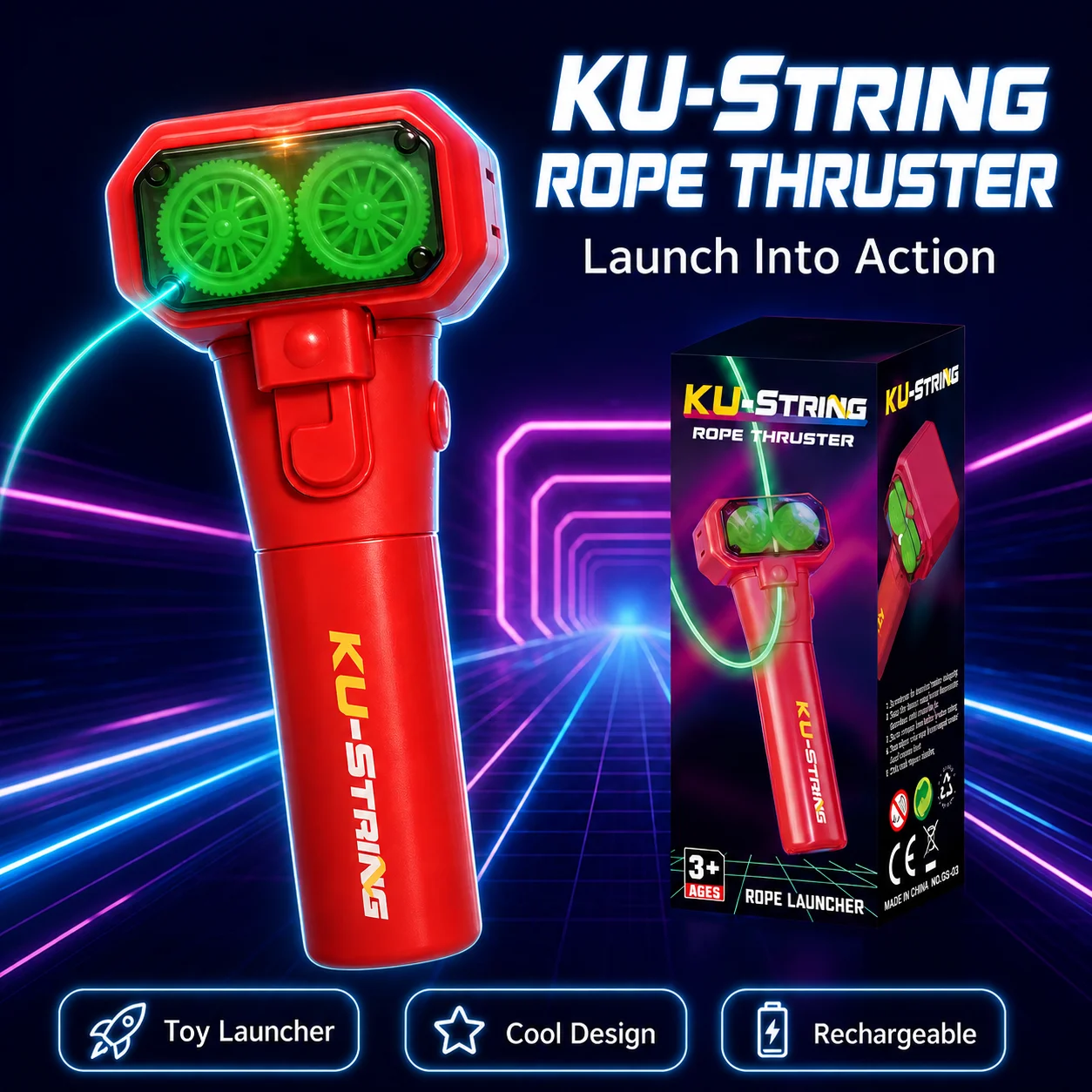 Glow in the Dark String Launcher Toy Floating Rope Thruster Portable Decompression Sensory Toy for Kids Adults