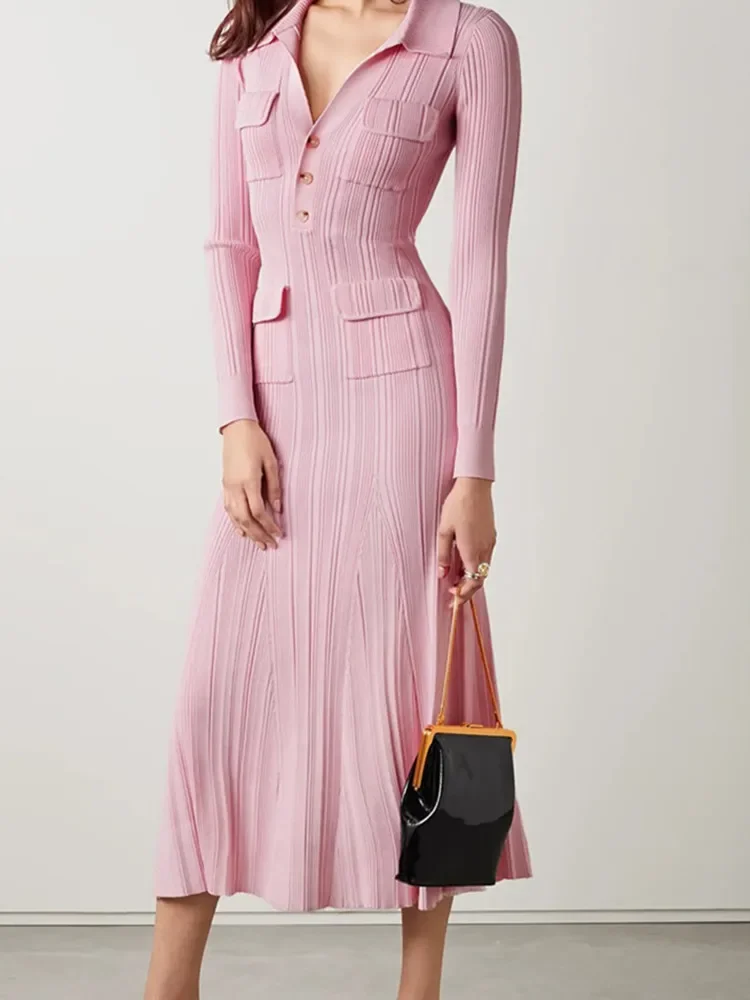 Women Pink Knitted Robe Turn-down Collar Long Sleeve Pockets Slim Spring 2024Midi Dress