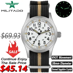 Militado ML05 Vintage Watch VH31 Quartz Movement Domed Sapphire Crystal With High Clear AR Coating 38mm Military Field Watches