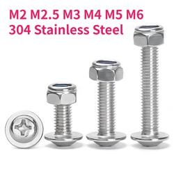 M2 M2.5 M3 M4 M5 M6 304 Stainless Steel Cross Phillips Pan Round Head With Washer Pad Screw Bolt Nylon Insert Lock Nut Set