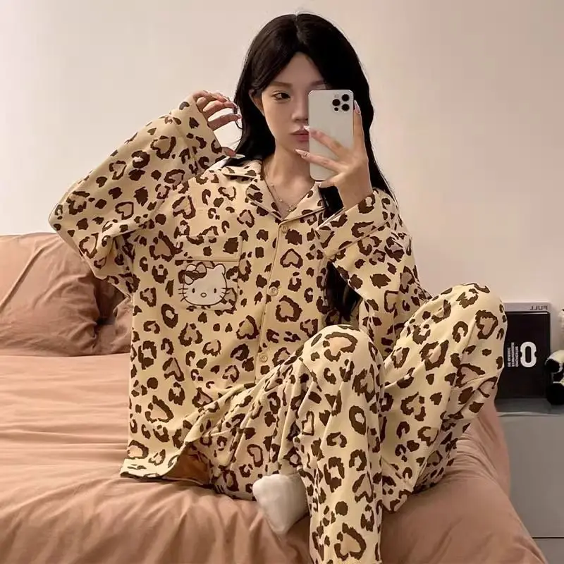 

Kawaii Sanrio Hello Kitty аниме сладкий полосатый женский корейский стиль студенческий кардиган с длинными рукавами Y2K пижамный комплект весна осень новый