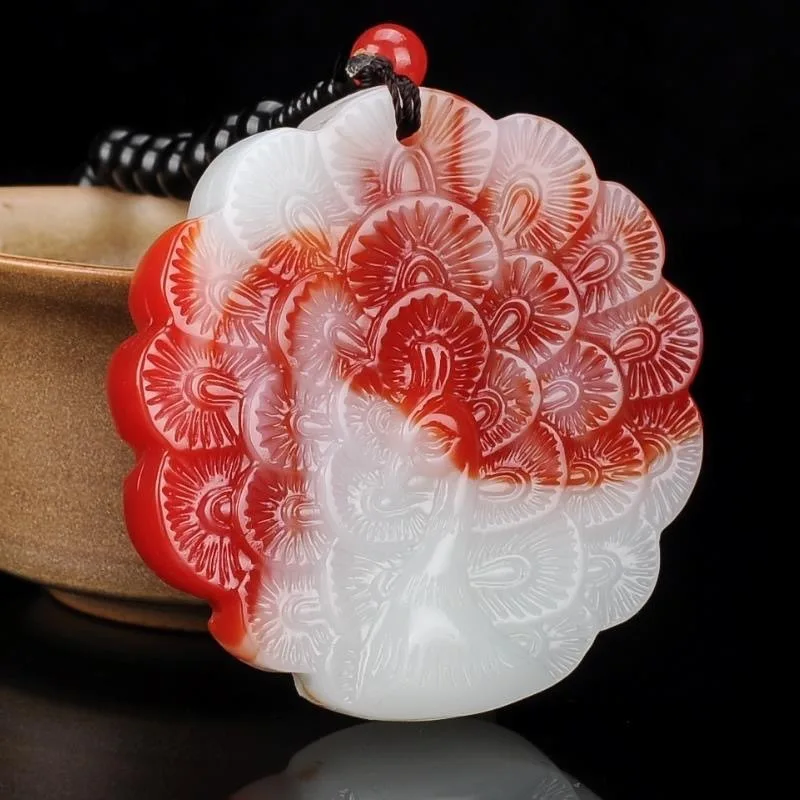 

New Chicken Blood Jade Peacock Open Screen Sweater Chain Jade Pendant, Suitable for Both Men and Women