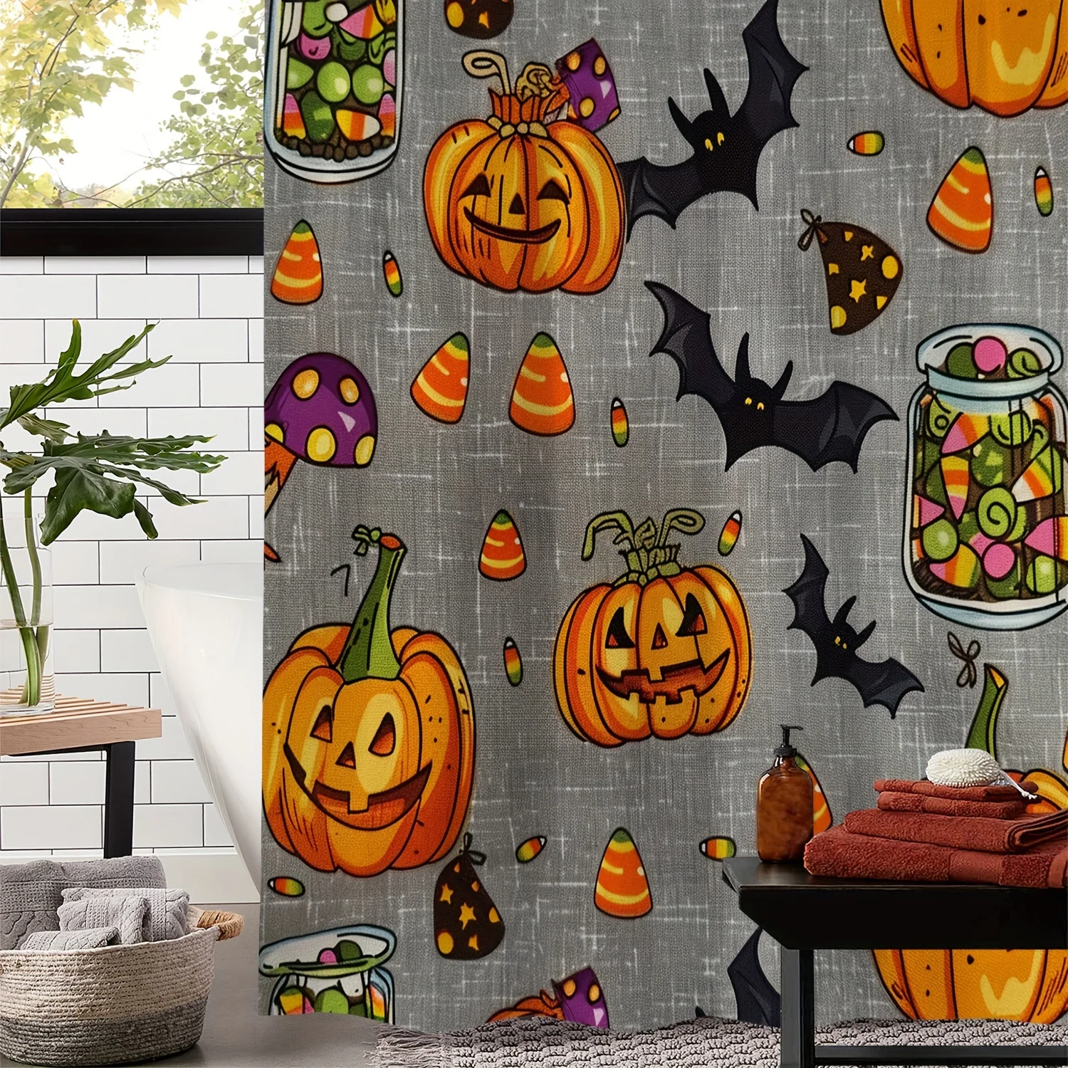 

Занавеска для душа на Хэллоуин с принтом конфет, летучих мышей и тыкв — водонепроницаемая полиэфирная ткань