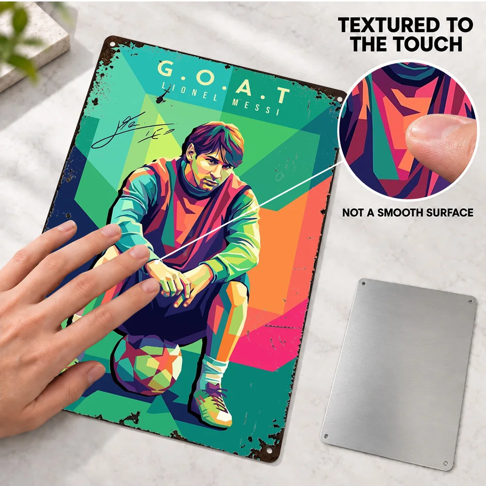 Lionel Messi Sitting On Ball Textured Metal Poster Customized Aluminum Sign Seated Football Graphic Wall Art For Sports Lounge