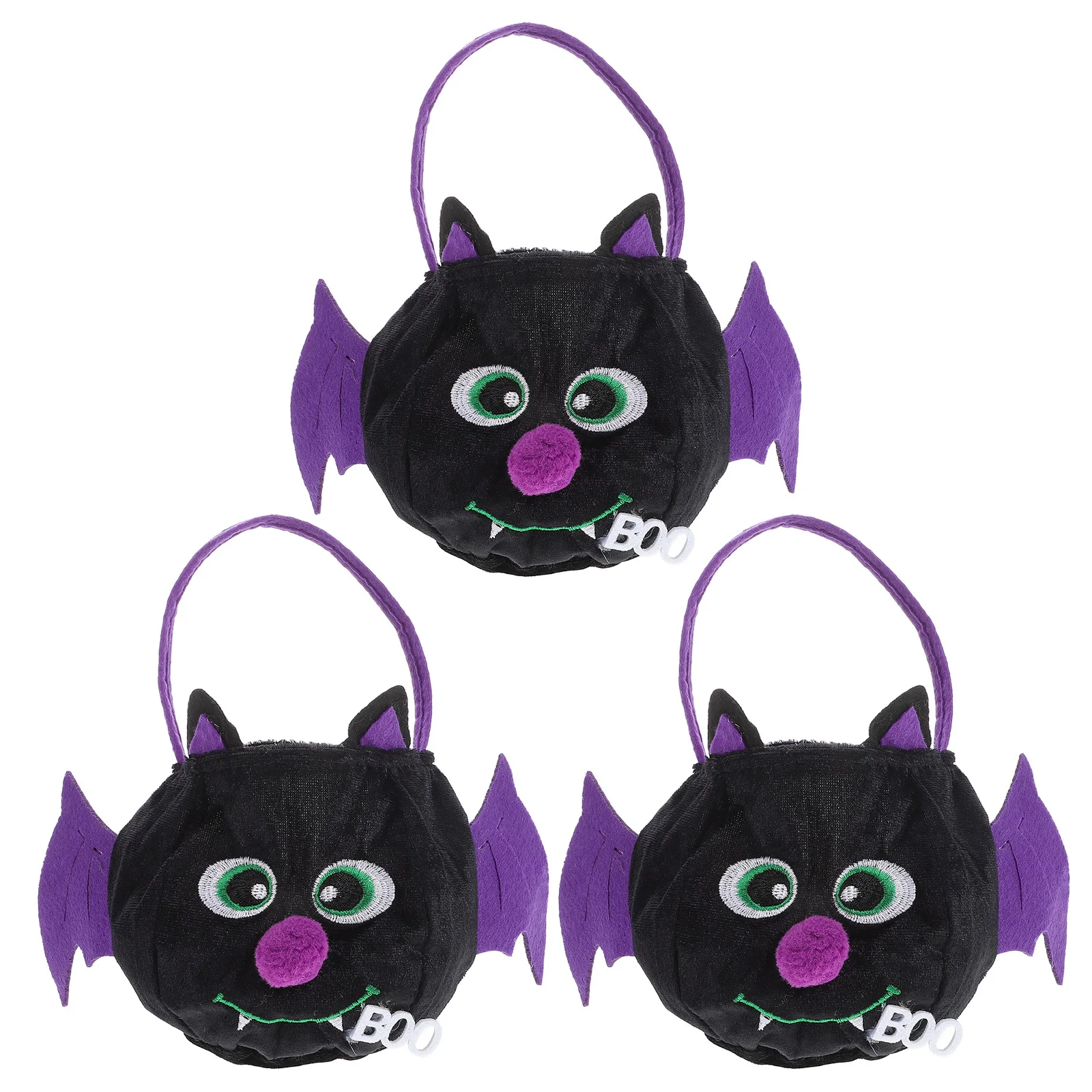 3Pcs Black Bat Halloween Candy Bag Large Capacity Cartoon Design Pouch for Kids Party Cosplay Event Handheld