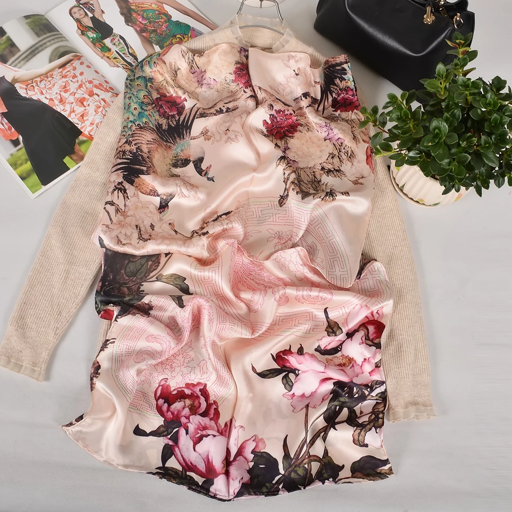 New Peacock Design Women's 100% Mulberry Silk Scarf Shawl Brand Fashion Pink Long Neck Scarves Wraps Fall Winter Headscarves