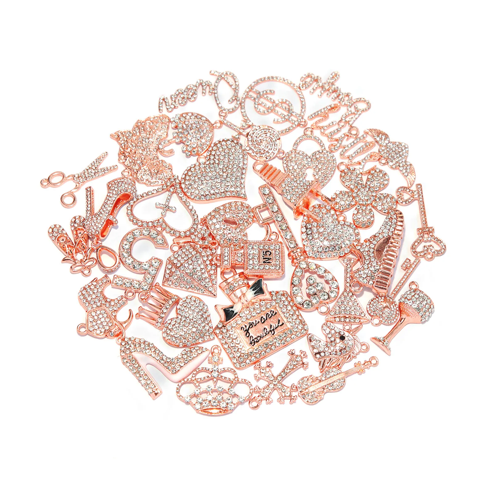 

35pcs Colorful Rhinestone Rose Gold Plated Mixed Girl Charms Picked at Random Fit for Women's DIY Jewelry Accessories