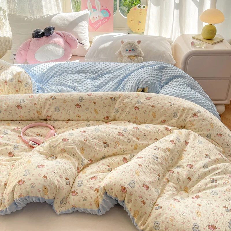 Cartoon Printed Minky Dot Winter Quilt Single Double Thickened Warm Blanket for Bed Reversible Soft Fluffy All Season Comforter