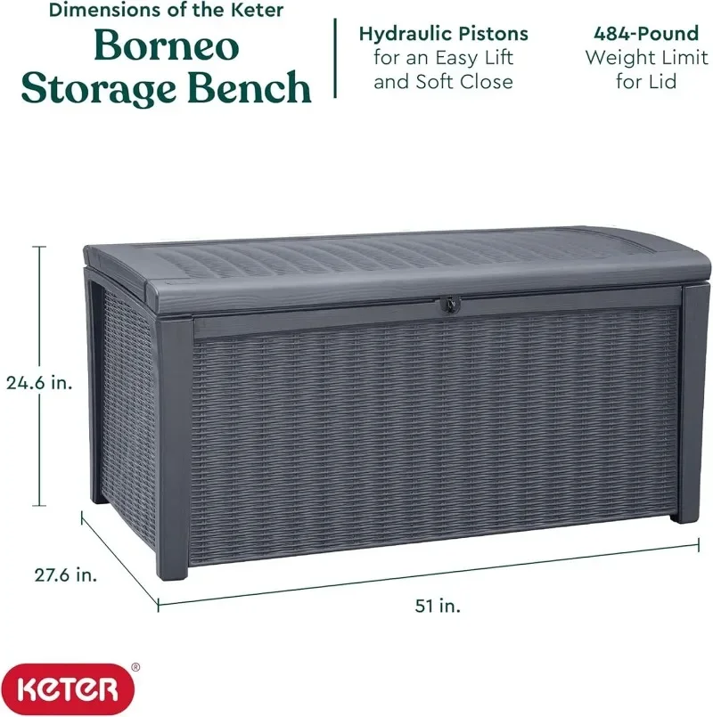 Keter Borneo 416L Storage Box, All-Weather Wicker Rattan-Style Resin Deck Box and Outdoor Bench with Lockable Lid, Light Grey