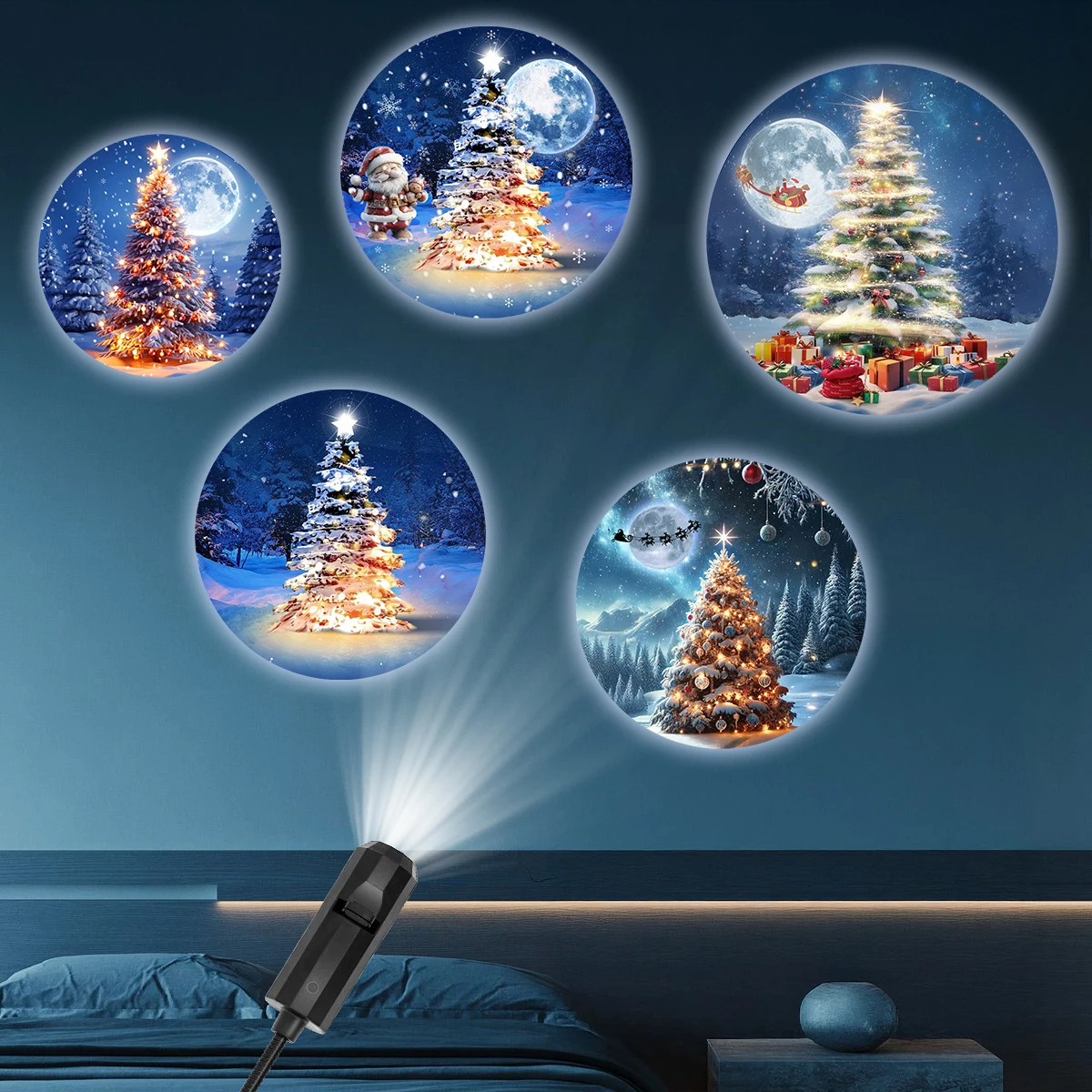 مصباح إسقاط شجرة عيد الميلاد، خمسة ضوء وظل قابلة للتحويل، إضاءة ليلية USB، مناسبة لغرفة النوم وغرفة المعيشة