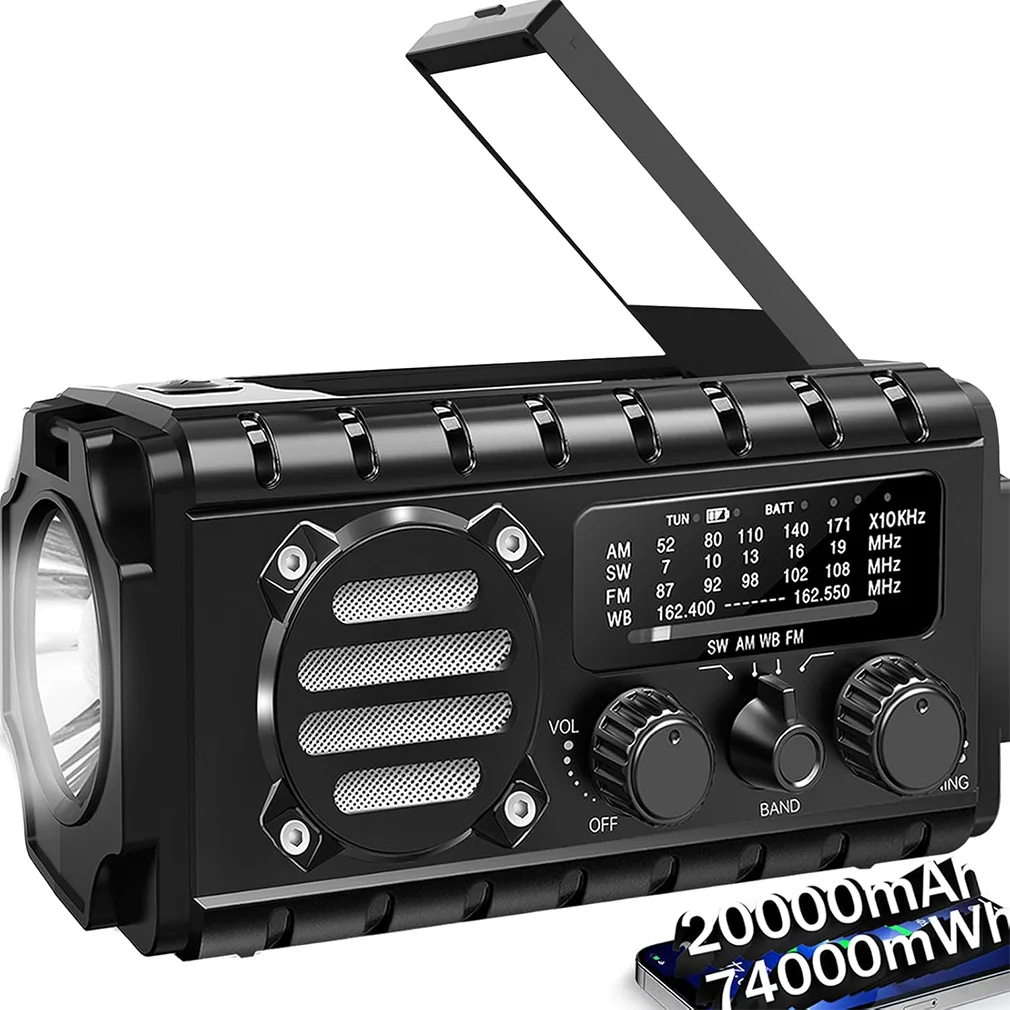 

74000 МВтч аварийное радио на солнечной батарее с рукояткой AM/FM метеорологическое радио светодиодный фонарик, сигнализация SOS, зарядное устройство для телефона для использования в помещении и на открытом воздухе