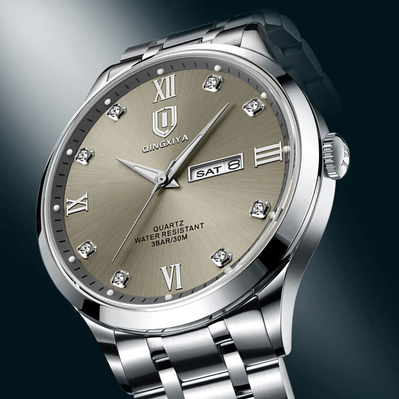 Qingxiya marca de moda relógio masculino à prova dwaterproof água luminosa aço inoxidável duplo calendário exibição relógios quartzo masculino reloj hombre