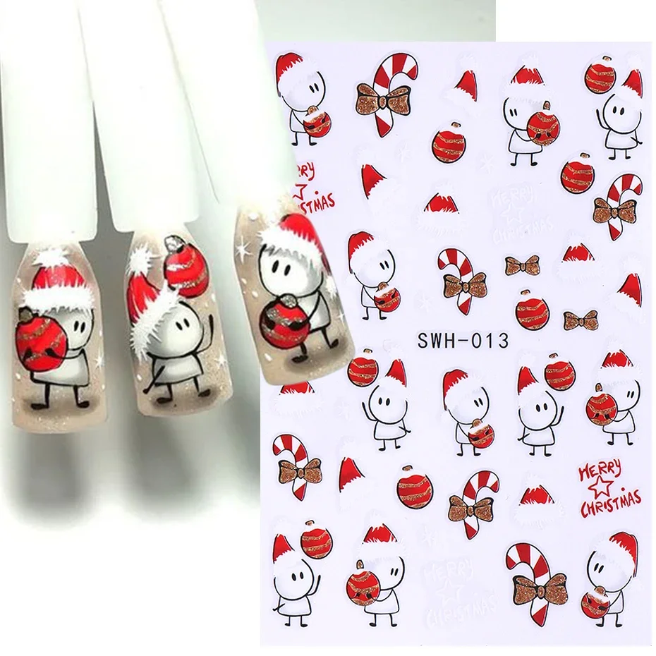 3D Gold Glitter Christmas Nail Stickers Cartoon Red Lantern Candy Cane Fireworks Clock Wine Glass Bow Doll Cow Winter Xmas Tips