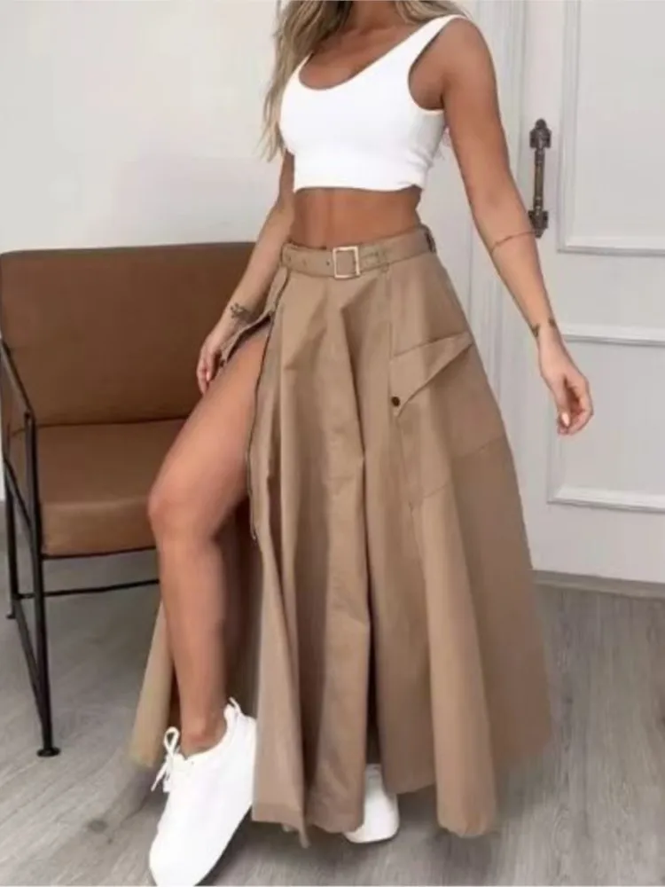 Women Fashion Solid Casual High Waist Skirt Set Spring White Tank Zipper Decoration With Belts Pockets High Slit Maxi Skirt Sets