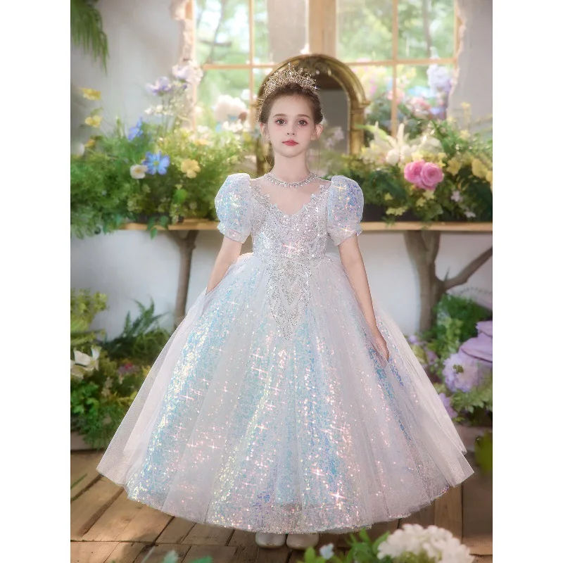 2026 Girls Evening Fashion Princess Dress Flower Children Host Pageant Sequin Performance Gown Kids Party Formal Sparkly Outfit