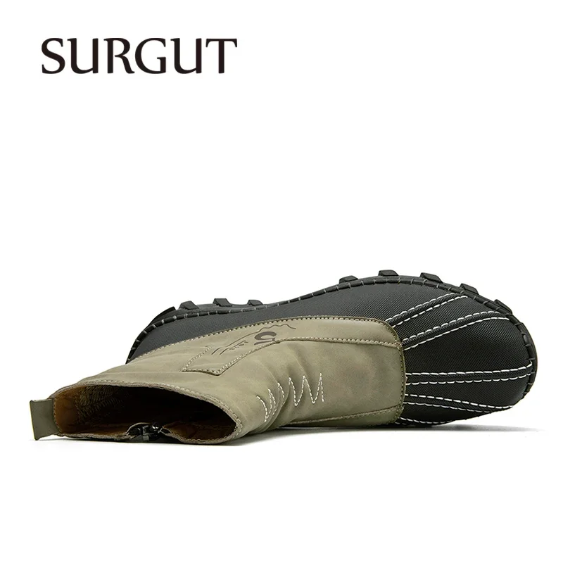 SURGUT Men Casual Boots Microfiber Leather Handmade Comfort Trend Street Stylish Plush Warmth Anti-Skid Zipper Boots Size 38-48