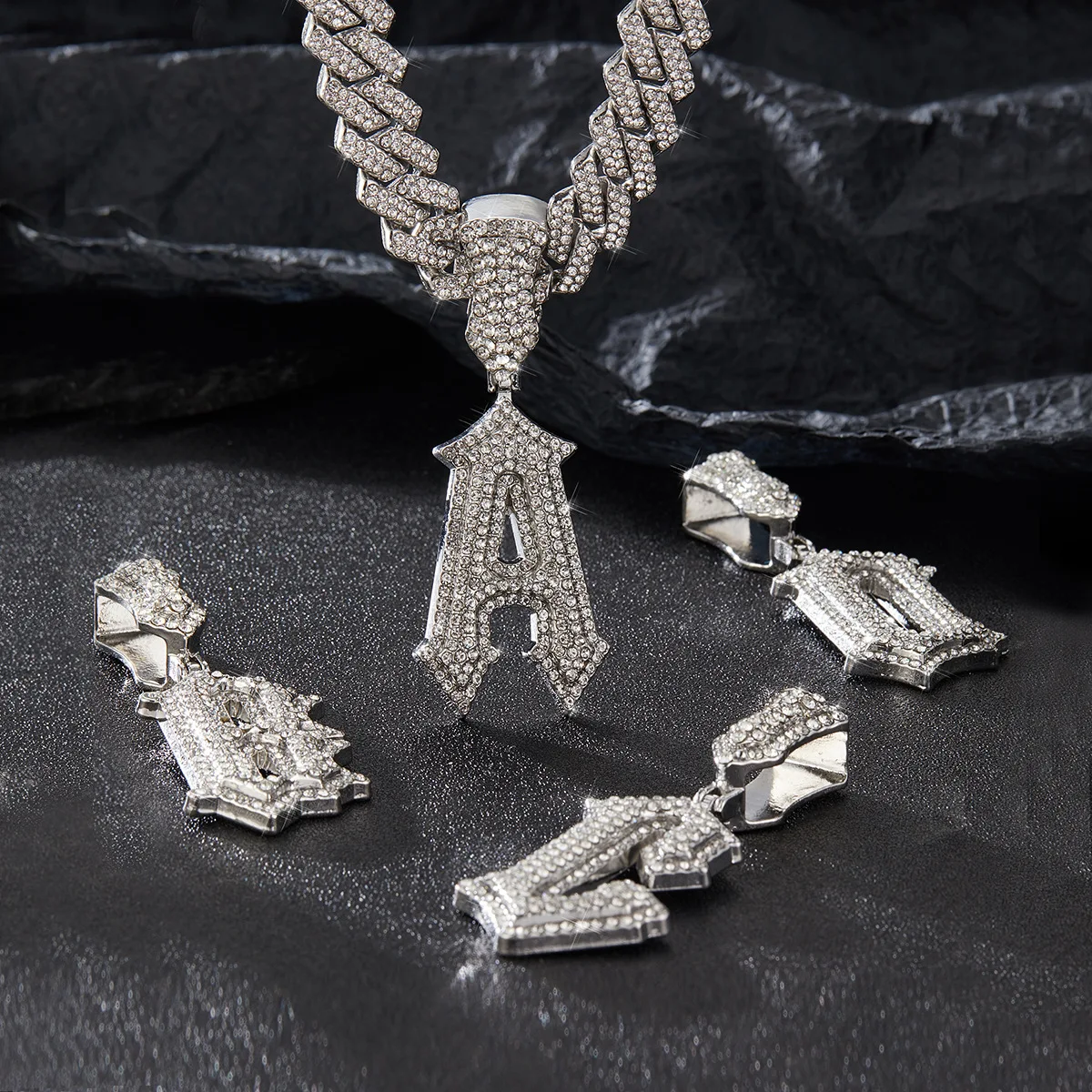 

13 mm AAA rhinestone zinc alloy pvd plated 2 pcs set letter pendants tennis necklace hip hop iced out cuban link chain