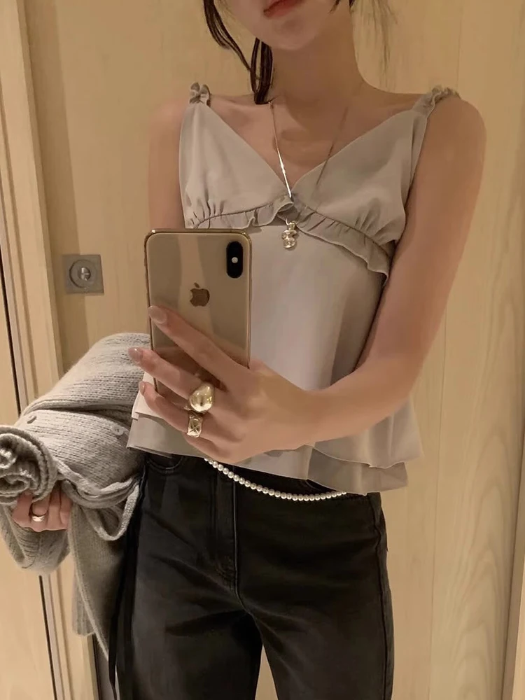 Fungus Camis chaleco mujer verano dulce sin mangas cuello pico Top corto ajustado estilo coreano diseño sin espalda prendas de vestir tanques