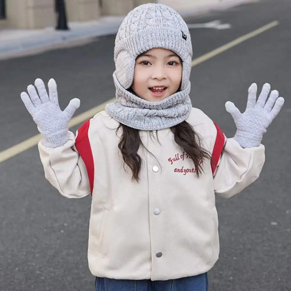 3-ピース-セットファッションソリッドカラー帽子スカーフ手袋セット防寒耳当て冬プルオーバー帽子暖かい耳保護キャップ男の子-女の子
