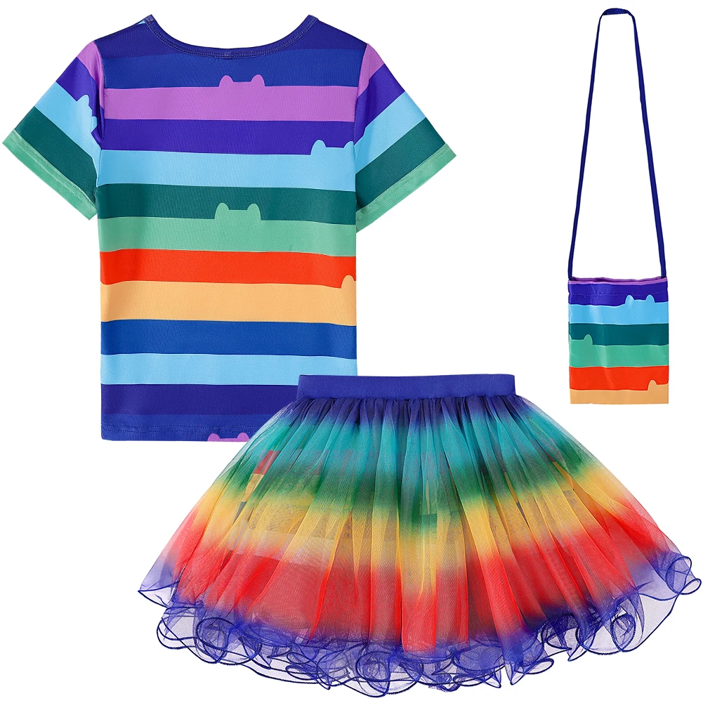 Children Gabby Dollhouse Cartoon Rainbow T-Shirt+Skirt+Bag Sets Kids Halloween Gabby Cats Costume Birthday Party Clothes 4-10 Yr