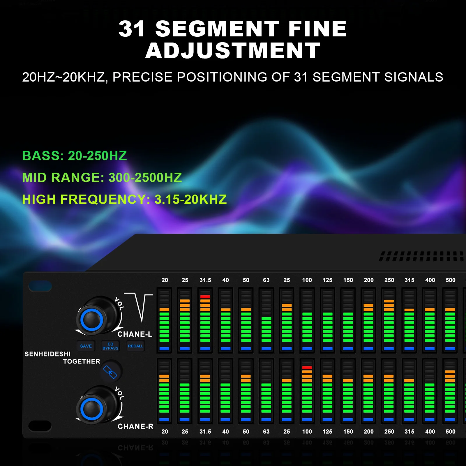 Professionale doppio equalizzatore digitale a 31 segmenti performance bar conferenza scenica Riduzione del rumore KTV e effetto di sintonizzazione