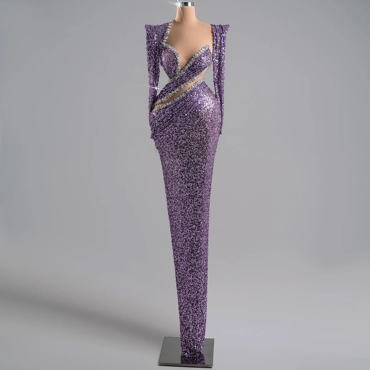 

Sparkling Dresses Rhinestone Sequin Lace Long-Sleeved Openwork Mermaid Dress Designed For Women Sexy Ball Gown