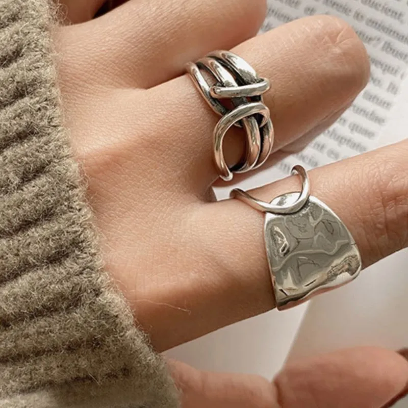 925 Sterling Silver Ring For Women Chain Knot Wrap Wide Band Rock Geometry Punk Jewelry Punk Party Gift Wholesale Dropshipping