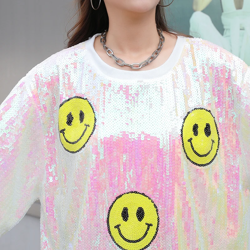 Smiling Face Short Sleeve T-shirt Women Fun Face sequined Loose tees Top