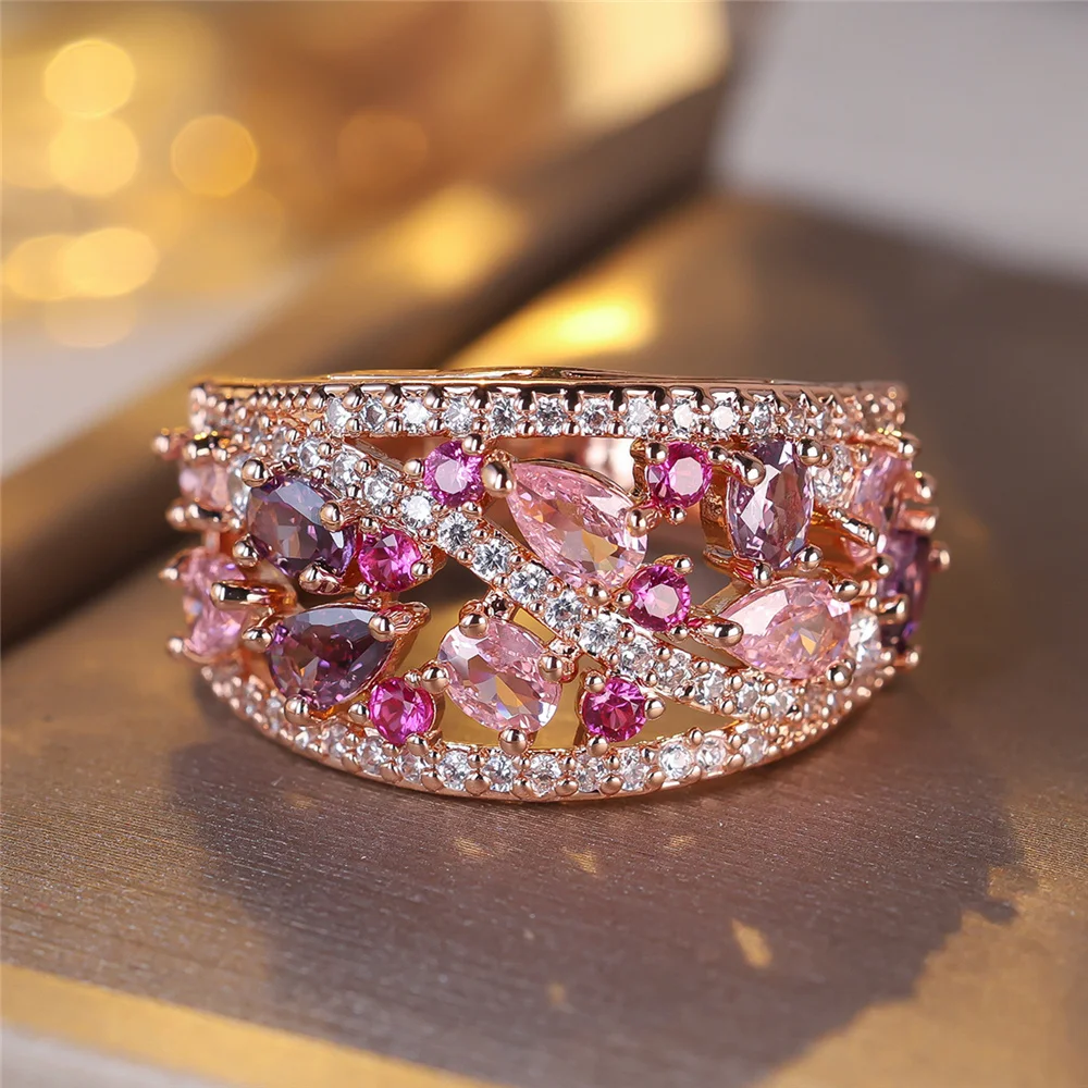 Anillos de compromiso de alianzas de boda de Color oro rosa Vintage ancho de circonita rosa púrpura a la moda para mujeres y hombres joyería minimalista