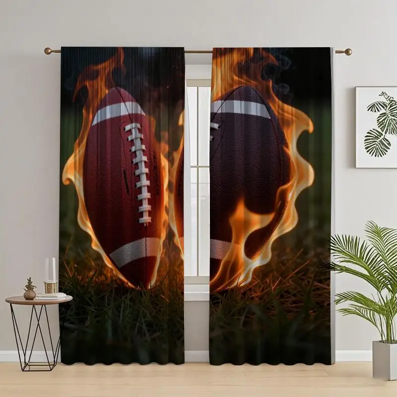 American Football Curtain, Burning Fireball Window Drape, Sports Man Cave Blackout Panel, Game Day Bedroom Decor