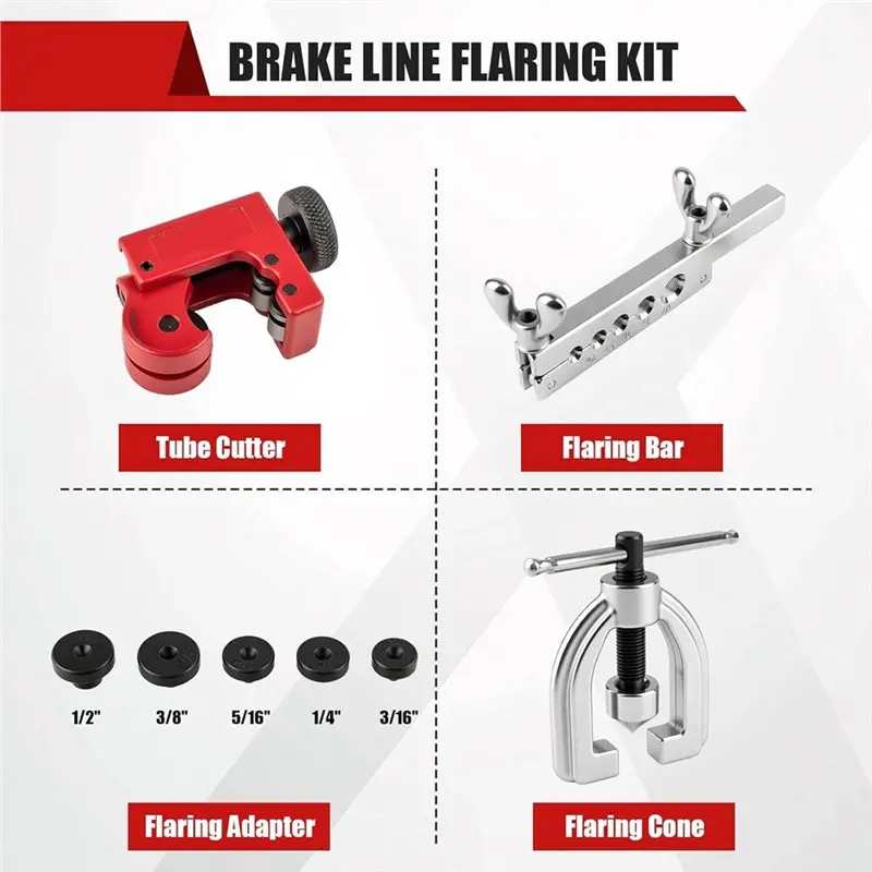 【مجموعة أدوات حرق خط الفرامل A28I مع 5 محولات، 45 درجة، مجموعة أدوات إحراق مزدوجة ومفردة لأنابيب النحاس والنحاس #4
