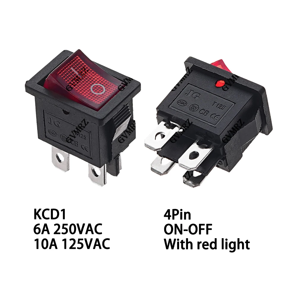 1PCS 4 Pin Boat Car Rocker Switch KCD1 LED ON-OFF 21*15mm 6A/250V 10A/125V AC Black Red Green Light Siwtch KCD1 21x15mm 4P