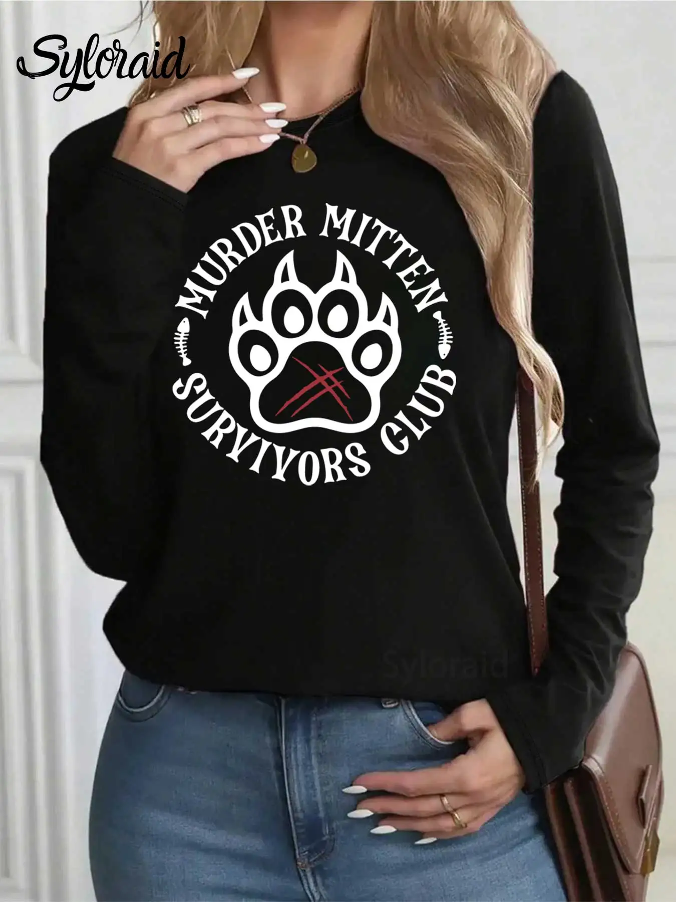 レディース長袖Tシャツ面白い猫Tシャツ猫ママ引用シャツ猫の足Tシャツファッションラウンドネックカジュアルトップ