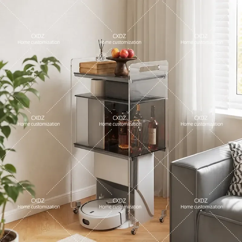 Modern Simple Transparent Acrylic Side Table Movable Storage Cabinet for Living Room Small End Table with Wheels Minimalist