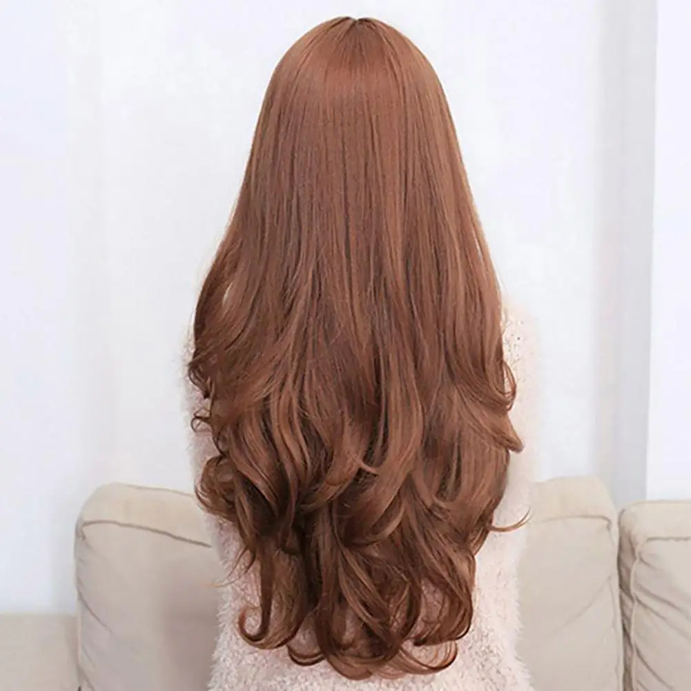 Perruque ondulée longue bouclée avec frange pour femme, cheveux de fête cosplay, perruques Lolita avec frange, marron, irritant, populaire, 65cm