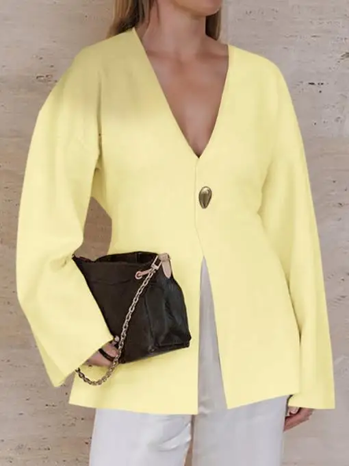 

Осенняя новая модная, простая и элегантная женская тонкая трикотажная рубашка с v-образным вырезом и металлическими пуговицами, разрезом и длинными рукавами