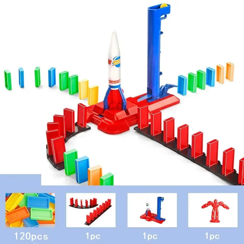 Domino Building Blocks with Aircraft Tracks - Children’s Train & Rocket Toy (STEM Learning Kit)