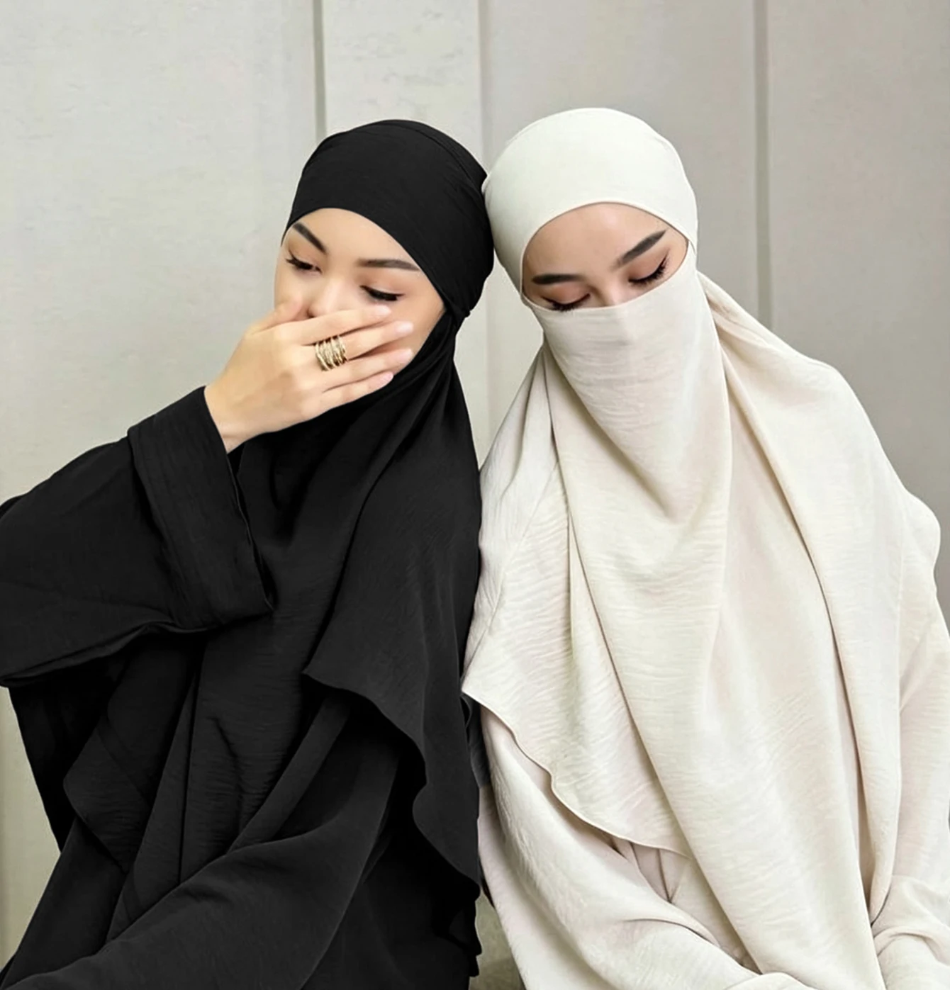 Muslim Solid Color Long Muslim Head Covering with Tie Closure Niqab Hijab Modest Islamic Prayer Robe Dubai Kaftan Abayas