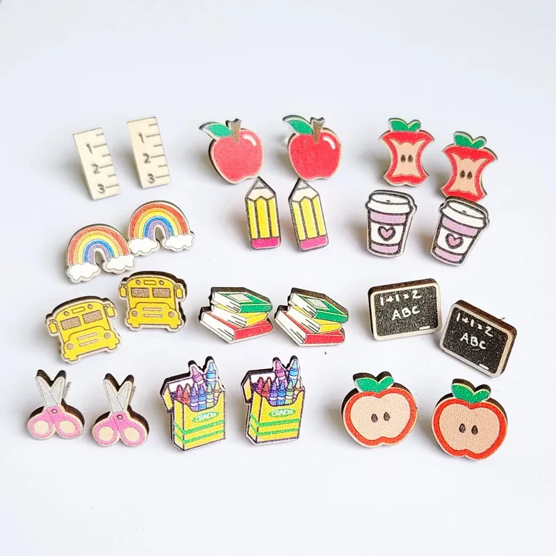 Irregular Wood Geometric Stud Earring For Women Teacher Apple Rule Coffee DIY Earrings Jewelry Gifts Accessories Findings