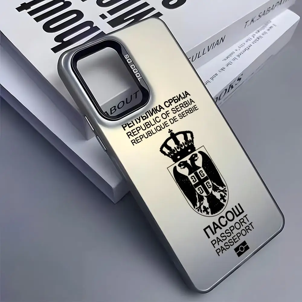 セルビアパスポートデザインのスマホケース、Samsung Galaxy S25 Edge、S24、S23、S22、S21、S20 Ultra対応、シリコン製シルバーのスマホケース