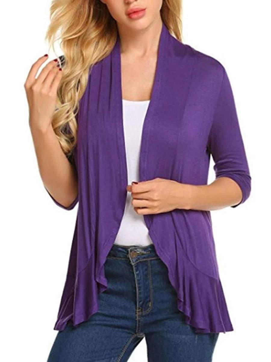 Women Spring Autumn Cardigan Tops 3 4 Sleeve Casual Solid Color Ruffled Hem Thin Tops Coat