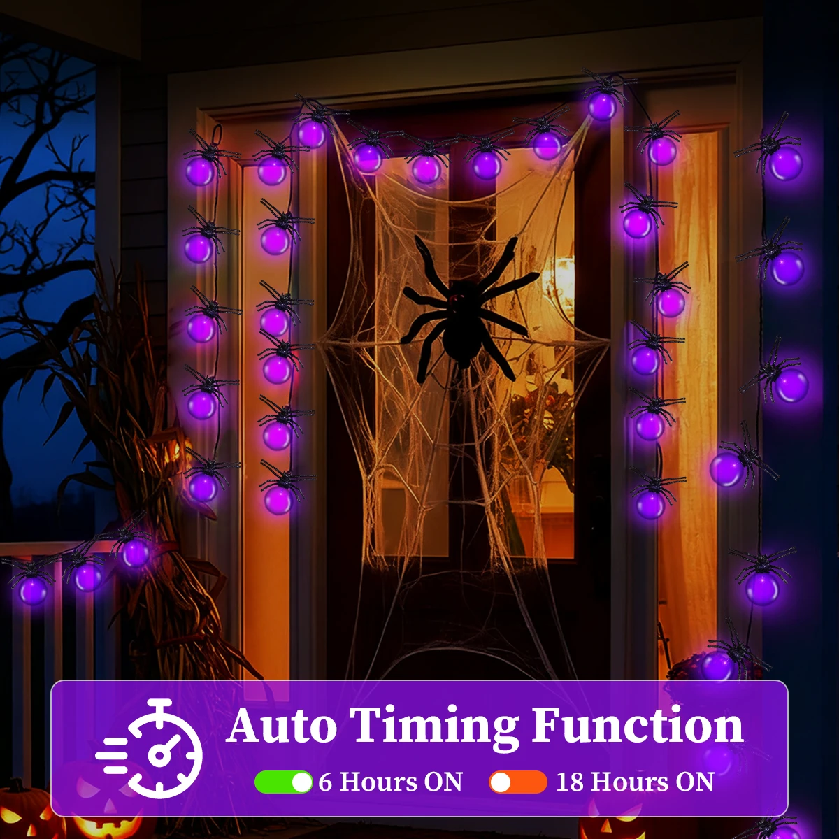 أضواء سلسلة عنكبوت لديكور الهالوين، مصباح LED أرجواني يعمل بالبطارية للفناء الداخلي لعيد الهالوين وعيد الميلاد، وديكور الحديقة #2