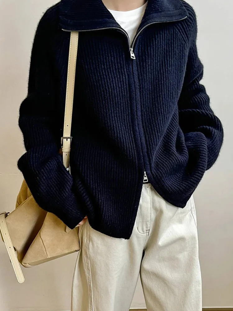 편안한 단색 니트 울 스웨터 더블 지퍼 롱 스웨터 패션 탑 안티에이징 니트웨어 슬리 카디건