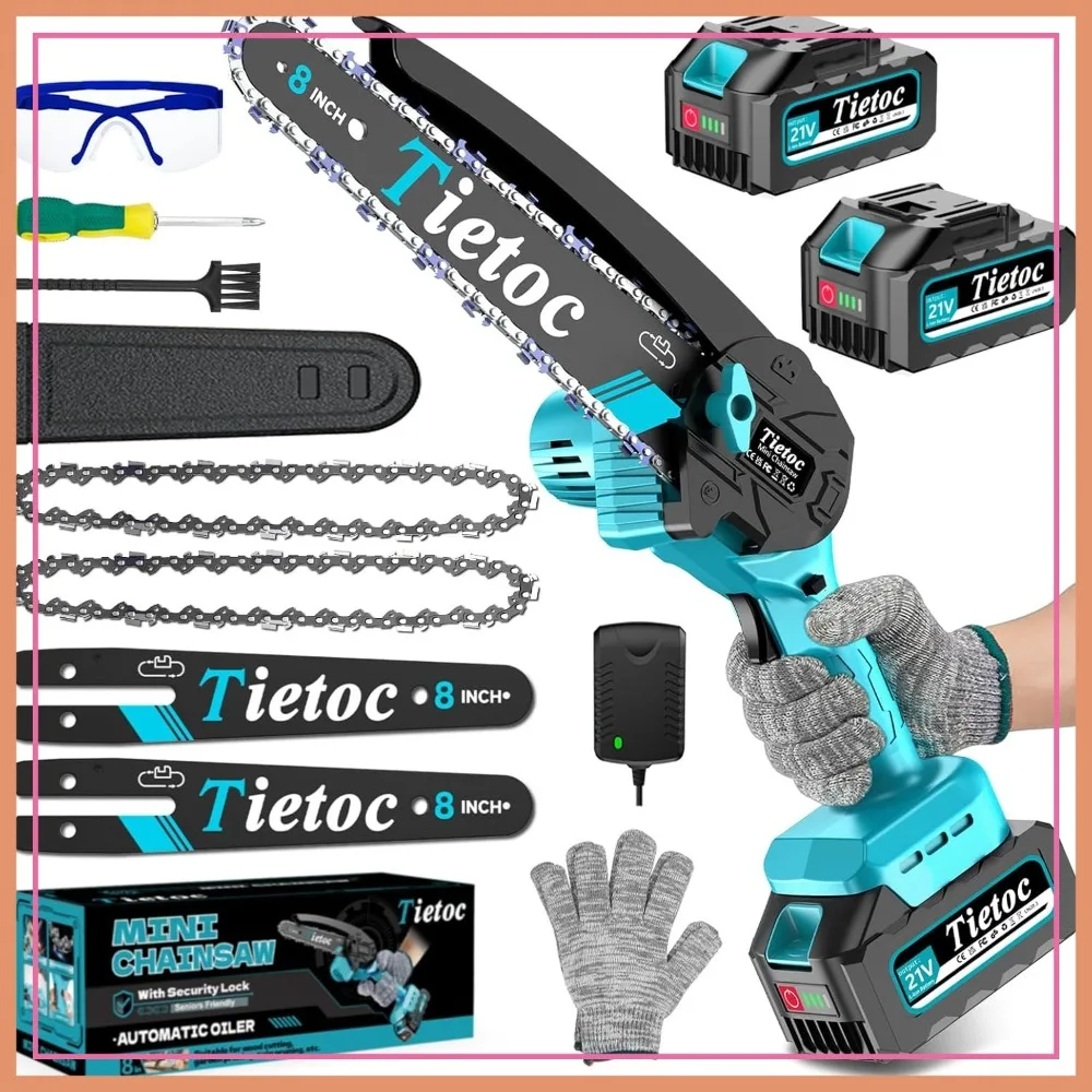 

Mini Chainsaw 8 Inch Cordless with 2x 4000mAh Batteries, Auto Oiling, Handheld for Tree Trimming, Wood Cutting, Garden
