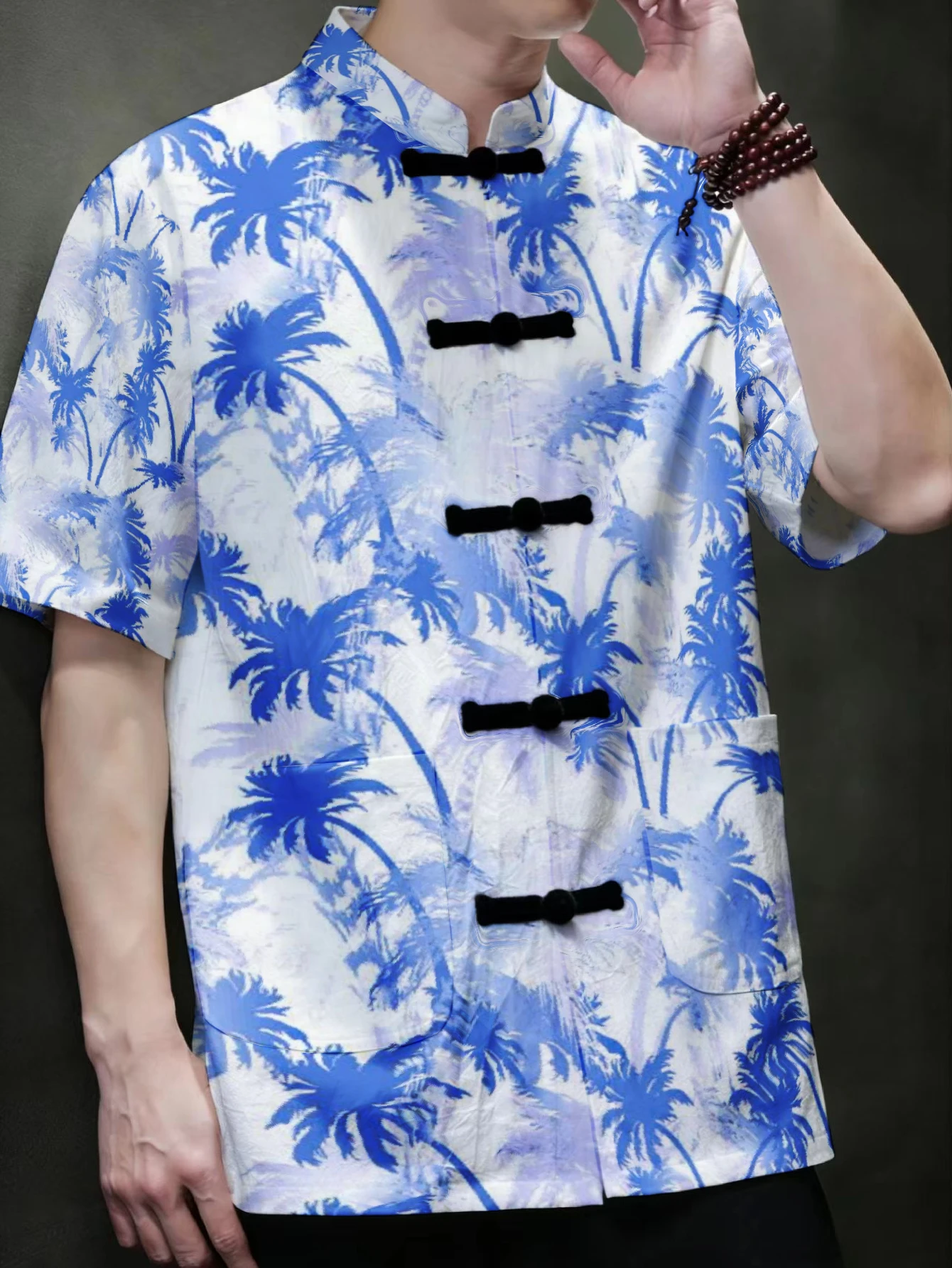 Ethnic Wear Fashion Designer - 男性用、中国風の唐装、半袖シャツ、伝統的な蛙ボタン、スタンドカラー、花柄プリント、カジュアル、ゆったりとしたシルエット、ヴィンテージ風、エスニックなトップス。