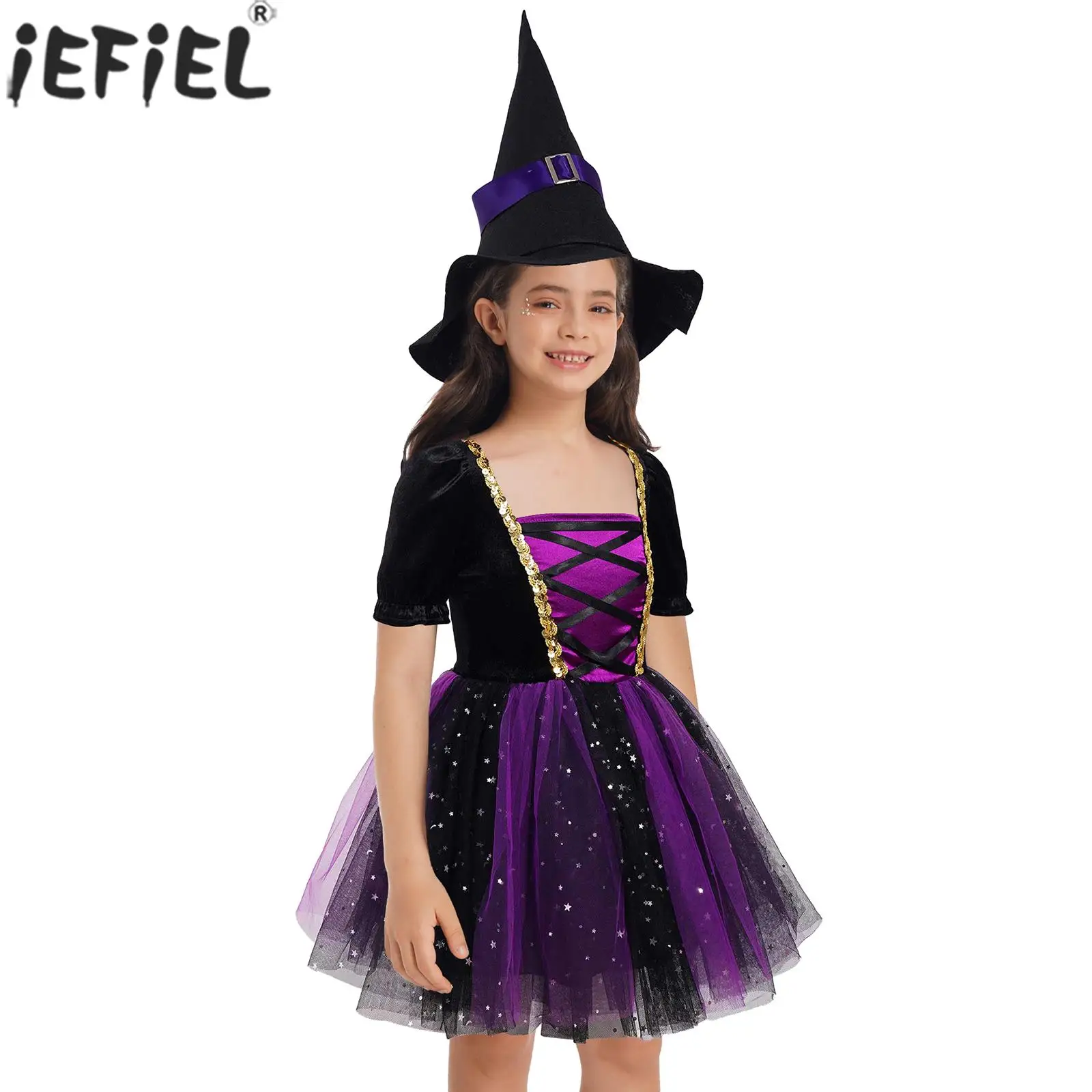 Kids Girls Witch Cosplay Dress Halloween Party Sorceress Roleplay Show Costume Short Sleeve Mesh Tutu Dress with Pointed Hat