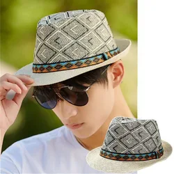 New Spring/Summer Men's Straw Knitted Hat Short Brim Trendy British Jazz  Sunscreen Beach Hat Versatile for Gentlemen