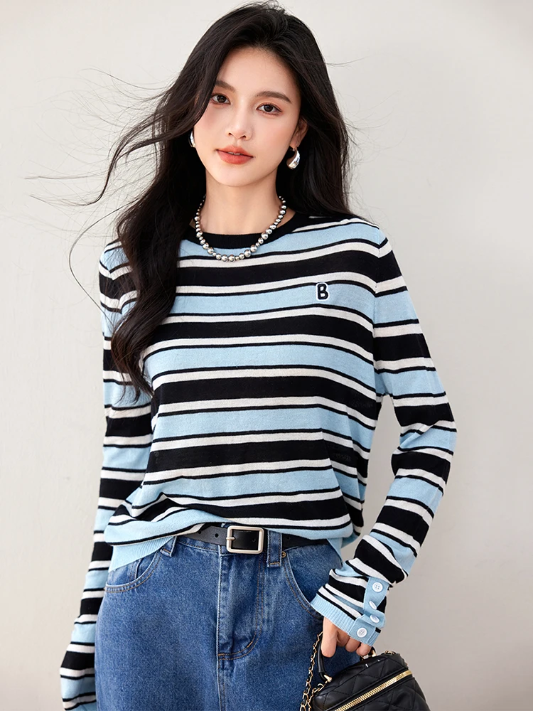 2024 Autumn New Striped Knit Sweaters Women Korean Style Long Sleeve Pullover Contrast Color Chic O-Neck Tops