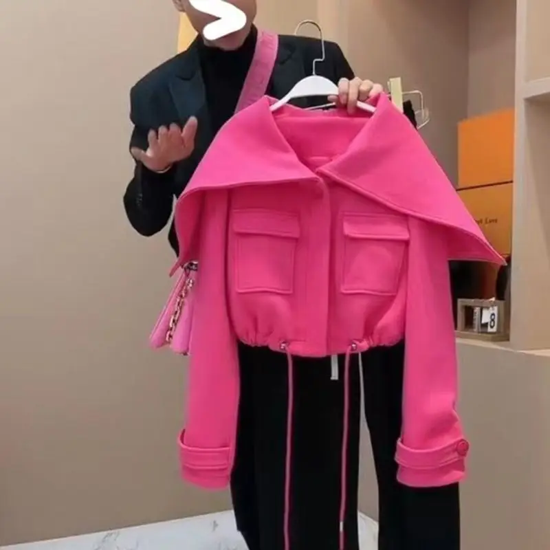 Design sense, large lapel, drawstring short jacket for women, 2024 spring new fashion, small and chic, street top